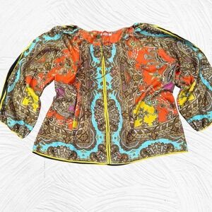 Johnny Was Silk Colorful Large Tunic Paisley Asian Flowy Boho Blouse Abstract